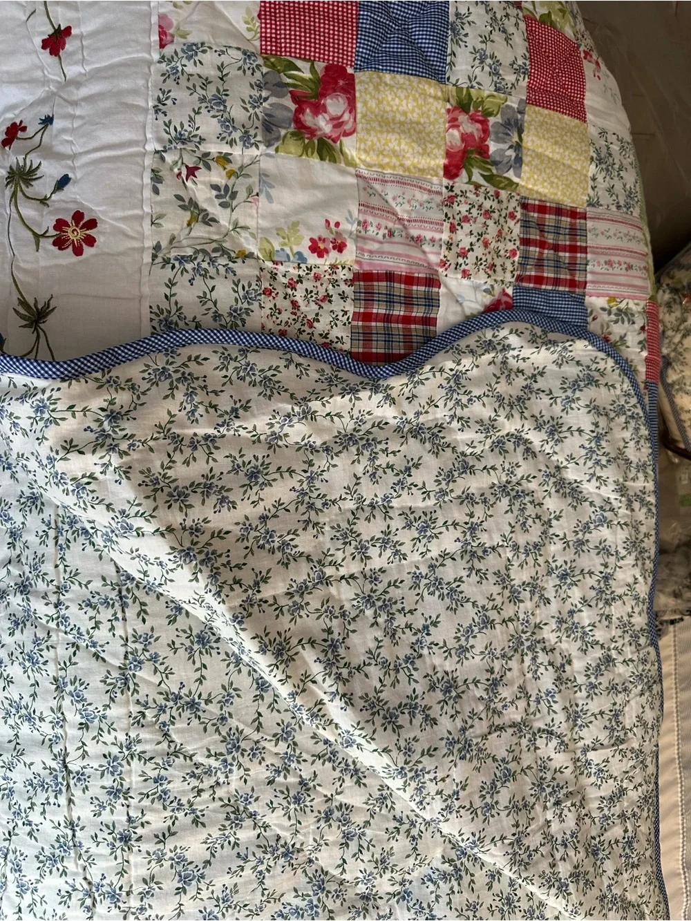 Patchwork Floral Quilted Bedspread - White with Multicolor Squares